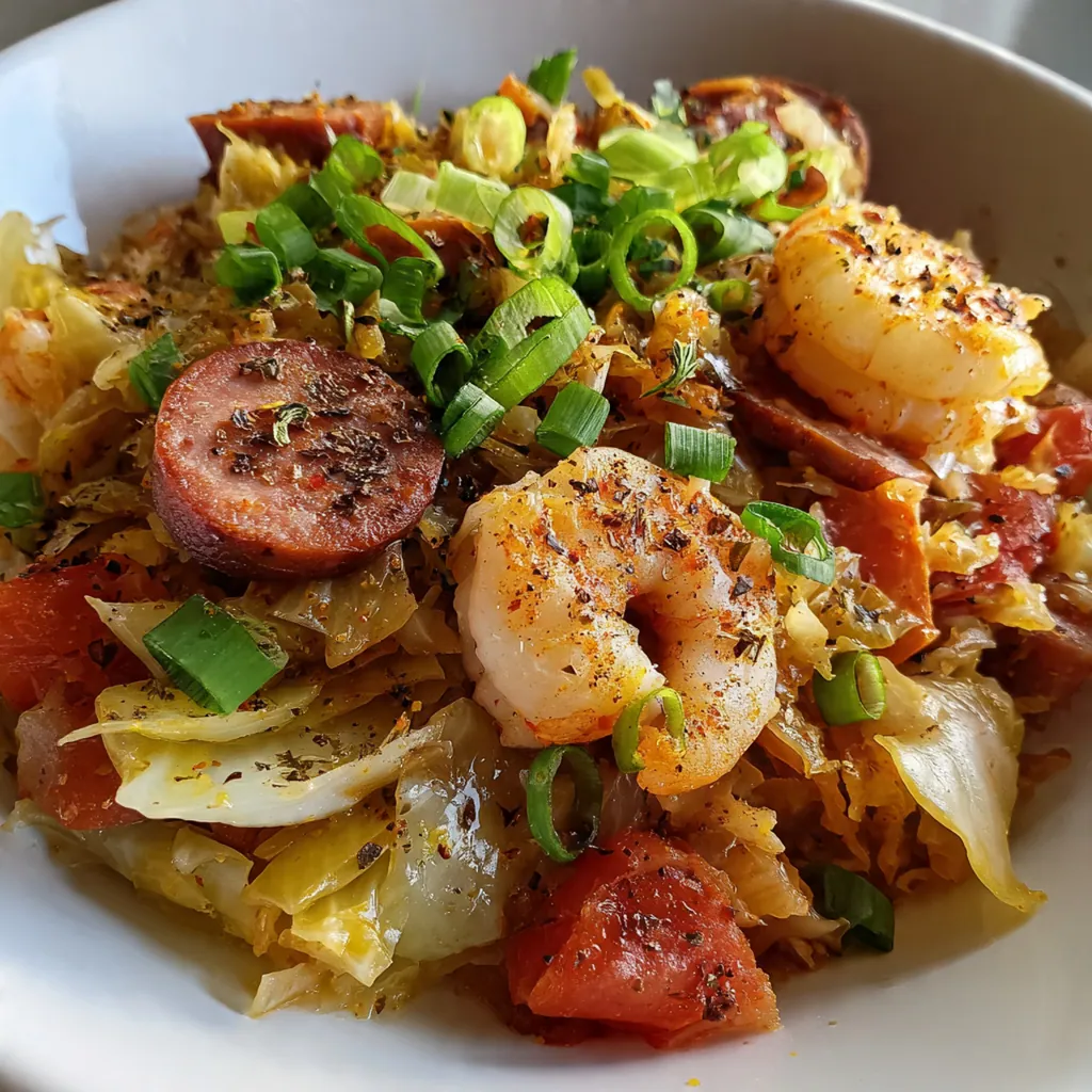 A steaming pot of hearty Cajun jambalaya filled with sausage, rice, and tender cabbage