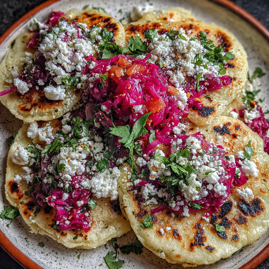 A stack of golden homemade masa cheese pupusas fresh off the griddle with melted cheese visible