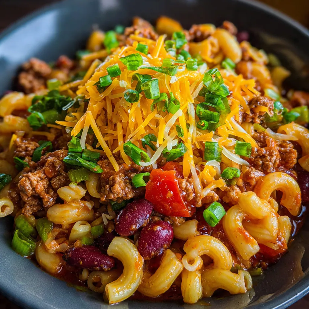 A full slow cooker of hearty chili mac with melted cheddar cheese and beans