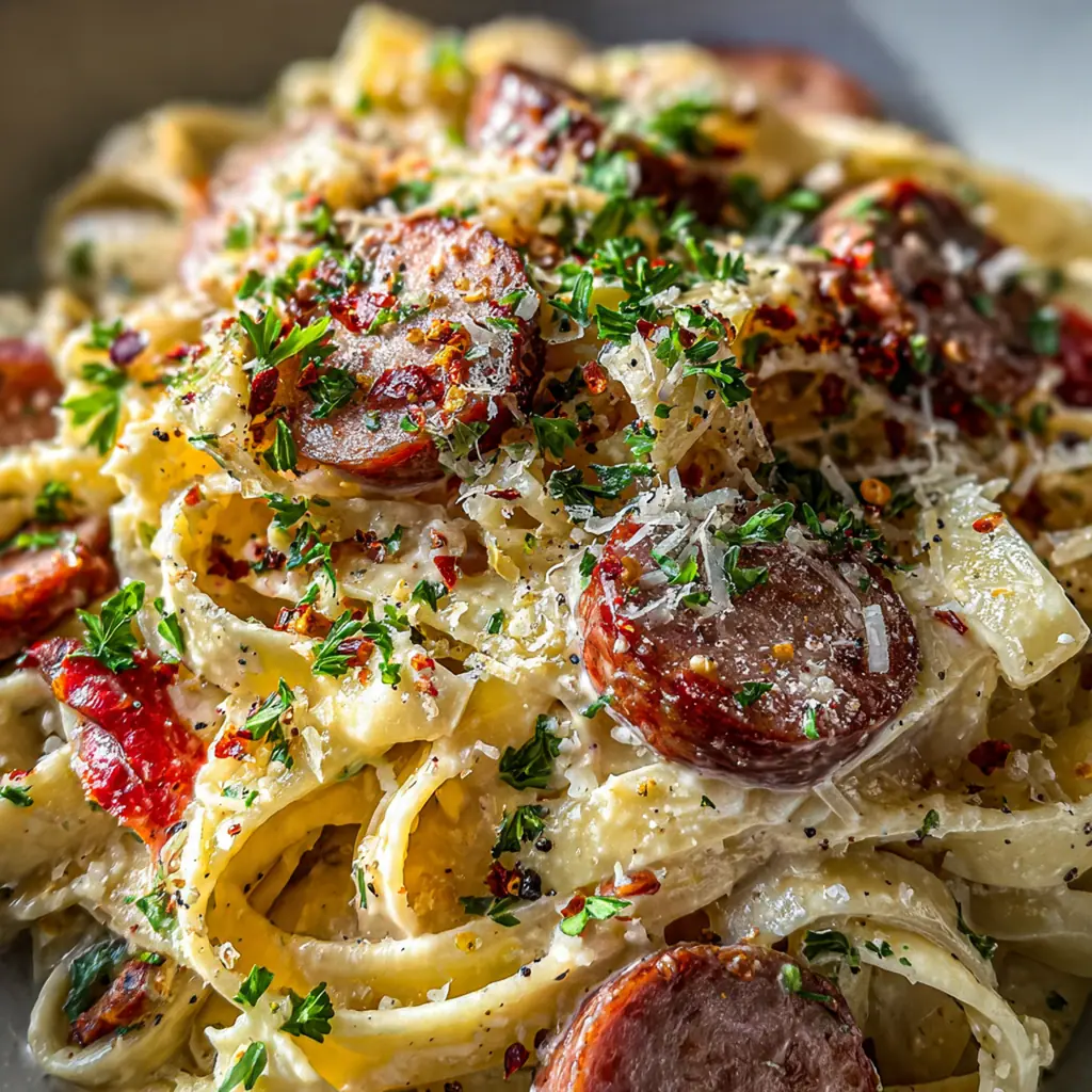 Creamy smoked sausage Alfredo pasta in a skillet with parsley garnish
