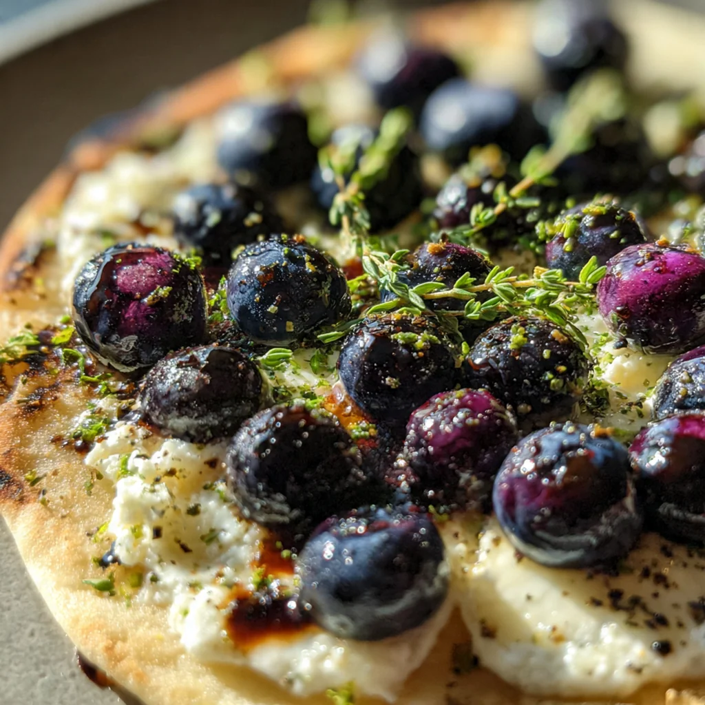 A golden baked flatbread topped with melted brie, burst blueberries, and fresh thyme.