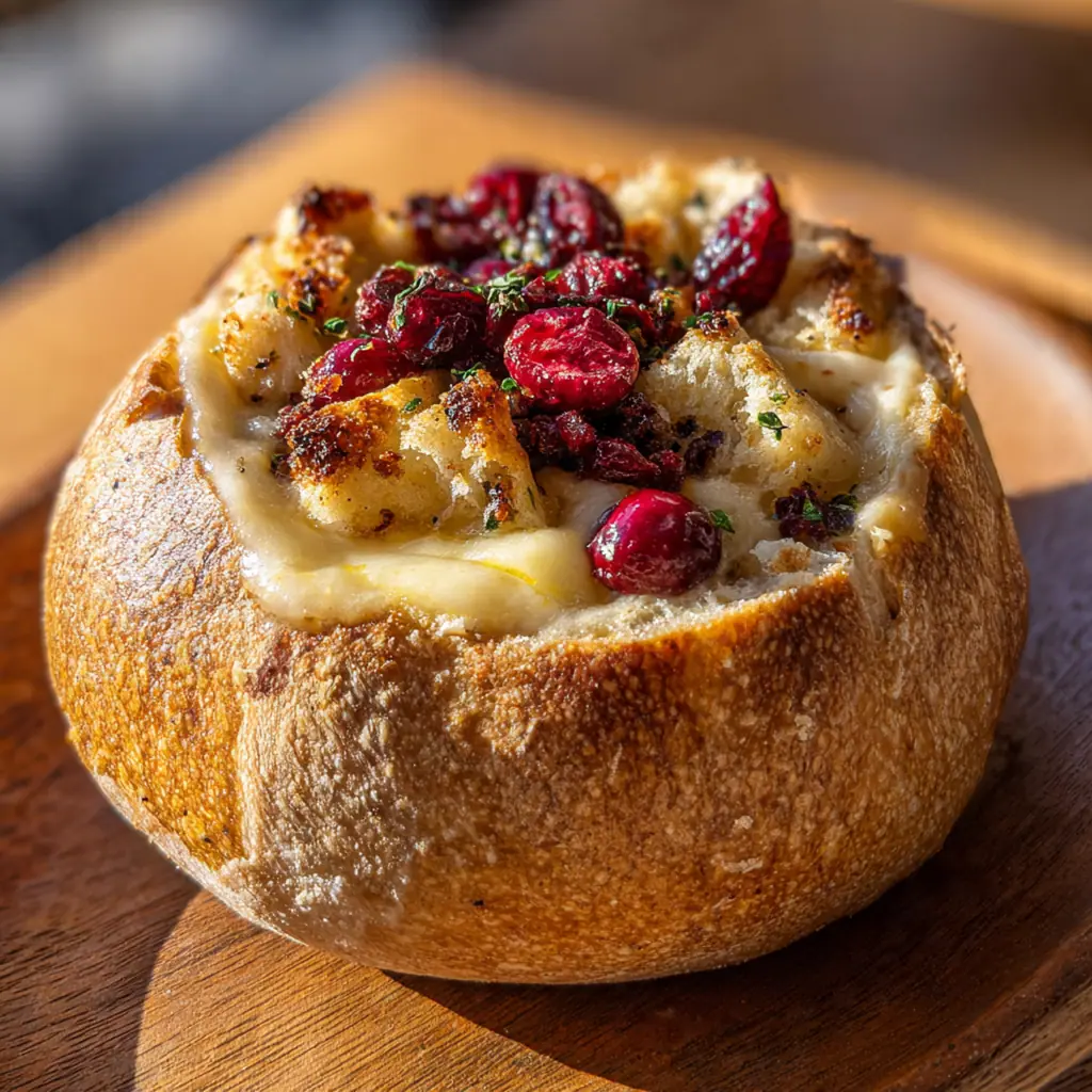 A golden sourdough bread bowl overflowing with melted brie and ruby red cranberry sauce