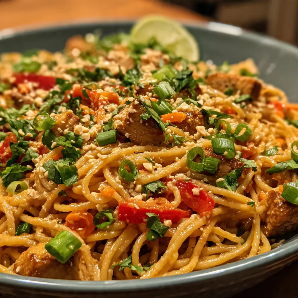 A vibrant bowl of spicy peanut chili noodles coated in glossy sauce with green onions and crushed peanuts