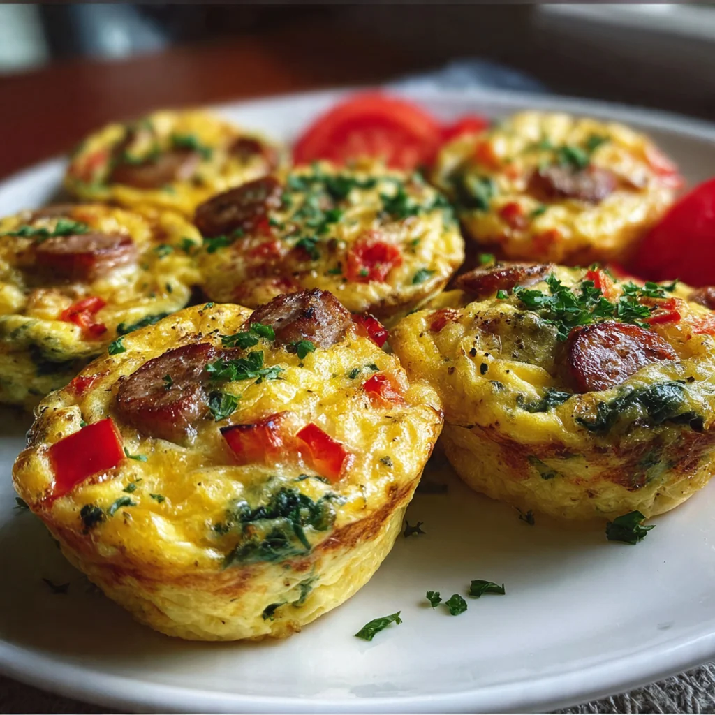 A batch of golden brown breakfast egg muffins fresh from the oven in a metal tin