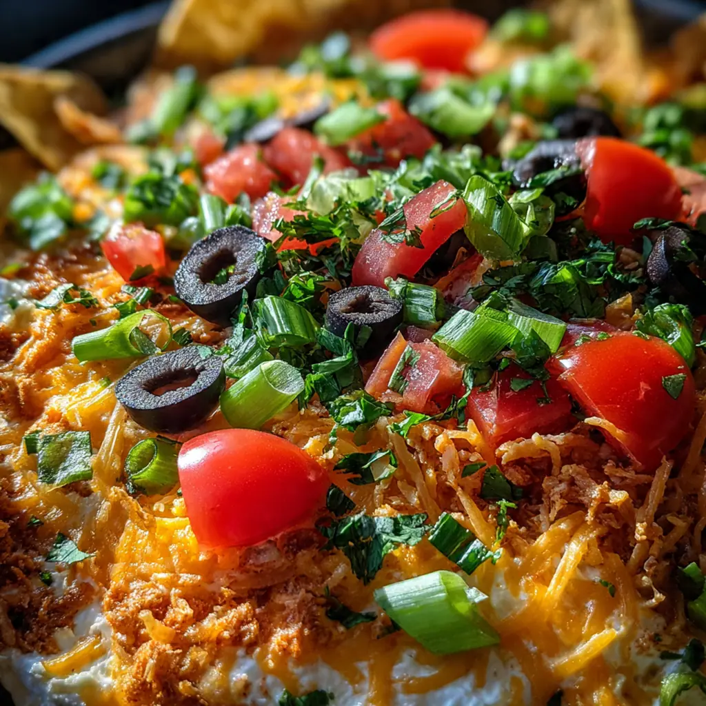 A bubbling pan of layered taco dip fresh from the oven with melted golden cheese