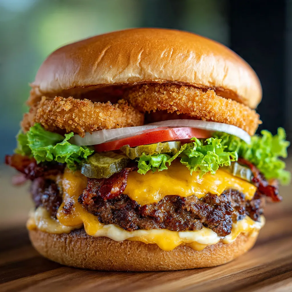 A platter of golden brown bacon cheeseburger onion rings stacked high with dipping sauces