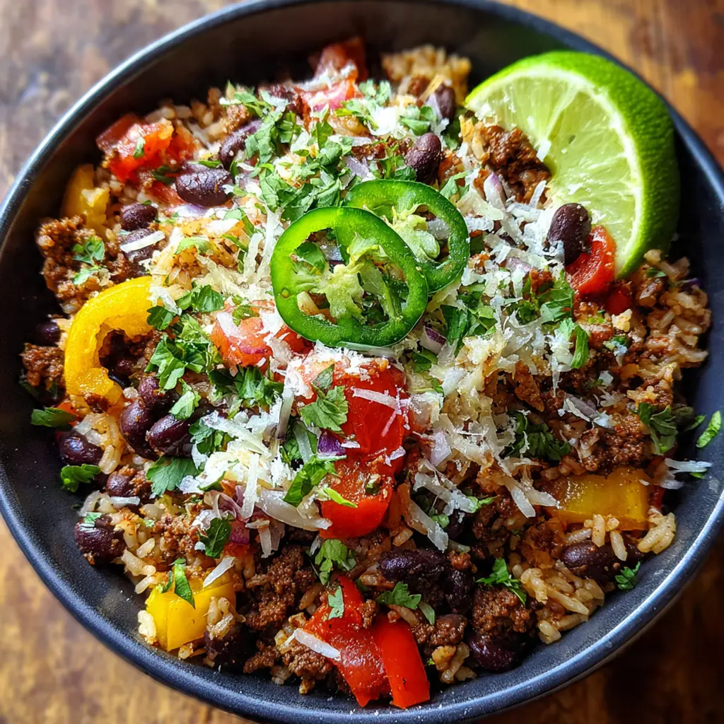 A steaming skillet of Healthy Cuban Beef Casserole with black beans, olives, and rice