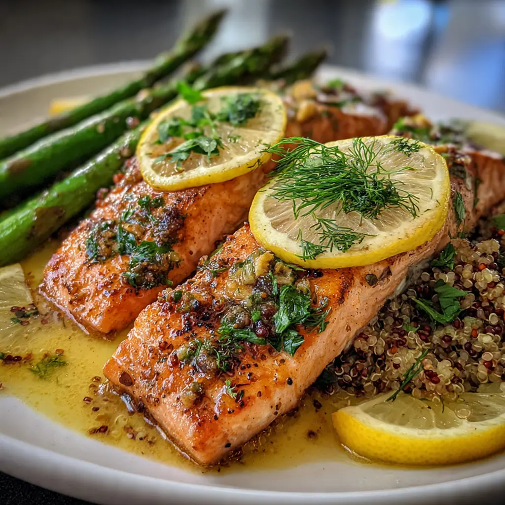 Close-up of perfectly grilled salmon fillets with char marks and fresh herbs clinging to the surface