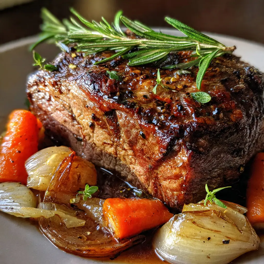 A beautiful roast beef with a crispy garlic-herb crust resting on a carving board