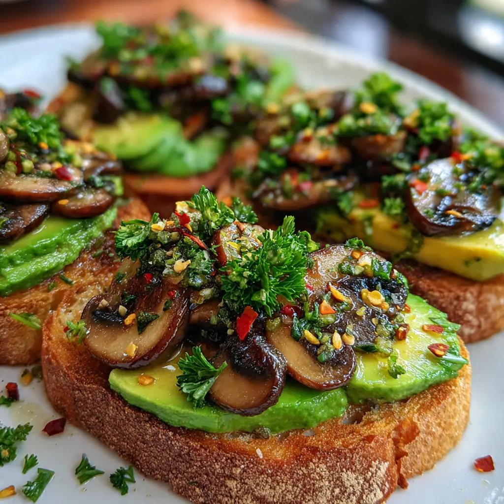 A close-up of creamy avocado and savory garlic mushrooms piled high on golden toasted sourdough.