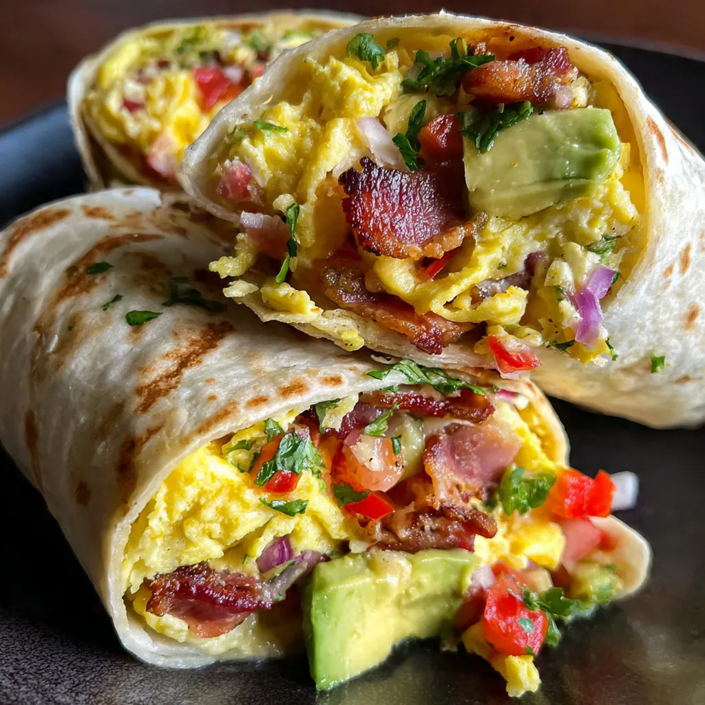 A cross-section of a crispy breakfast burrito revealing fluffy scrambled eggs, crispy bacon, and melted cheese