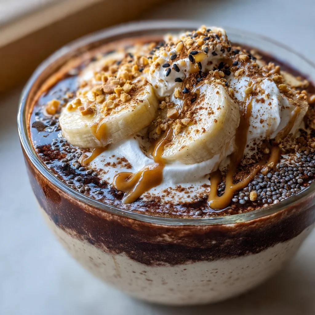 Creamy chocolate protein pudding in a white bowl topped with whipped cream and chocolate shavings