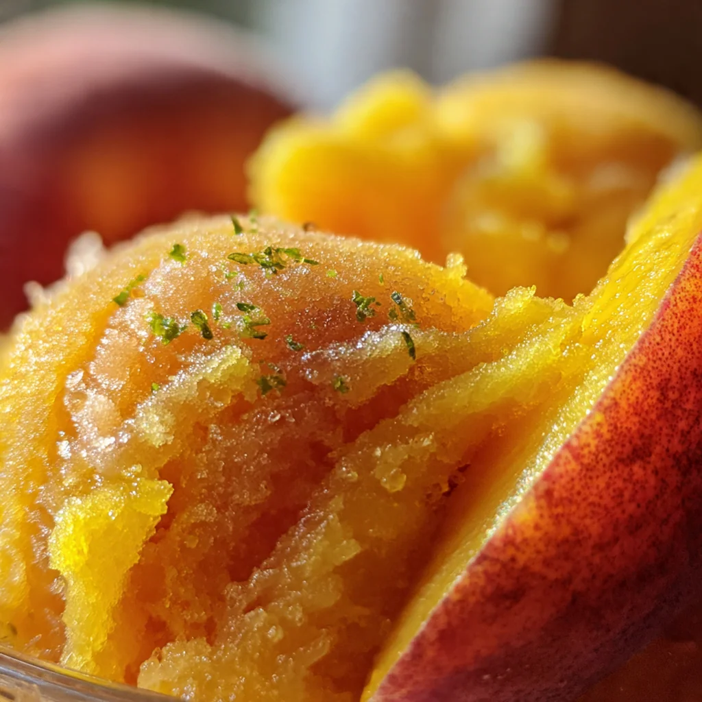 Scoops of creamy peach sorbet in a white bowl with fresh mint and a peach slice