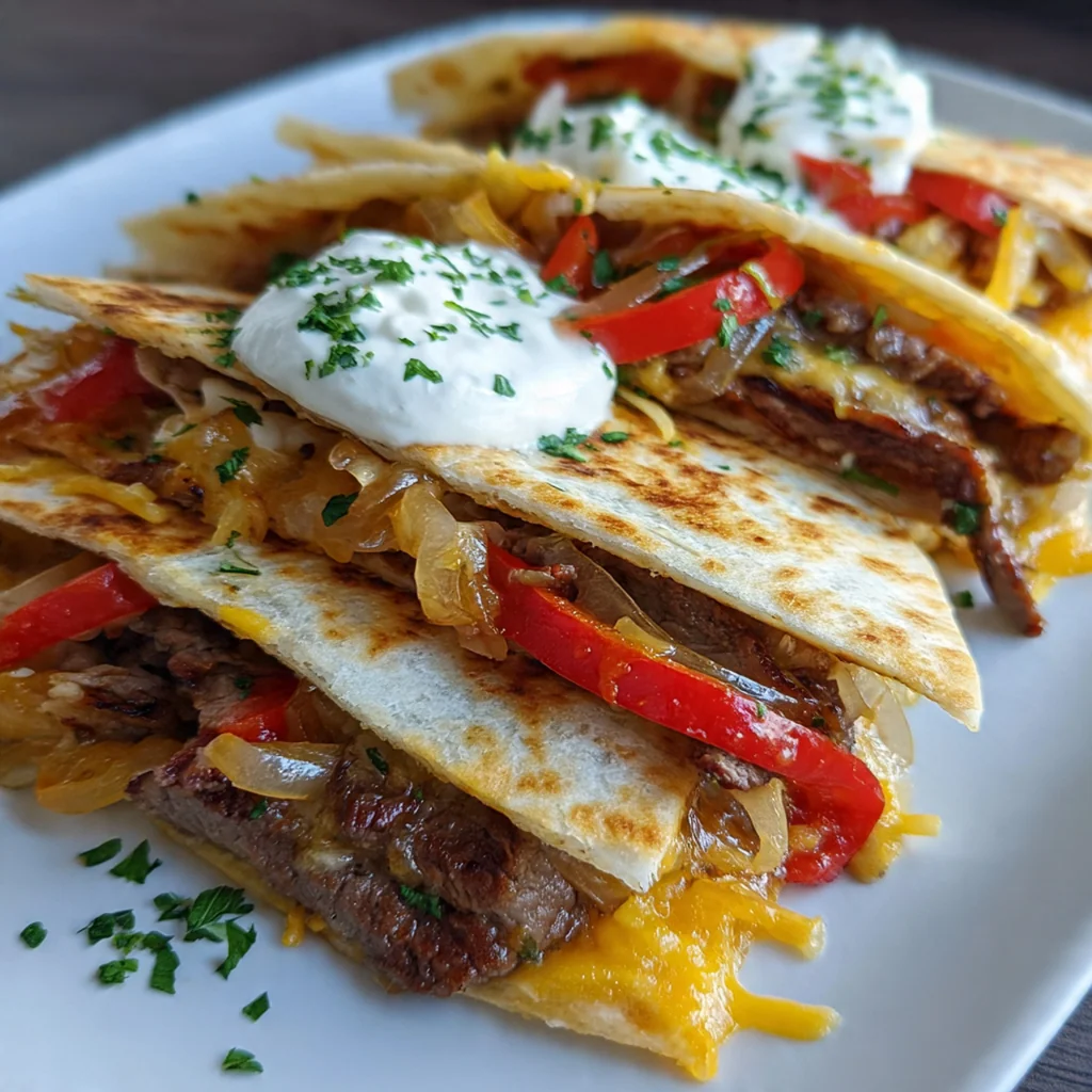 A platter of golden brown pepper steak quesadillas sliced into wedges with melted cheese oozing out