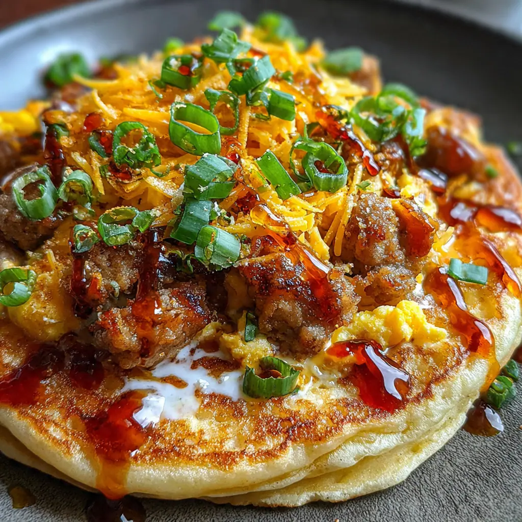 A golden baked Sausage Pancake Delight in a cast iron skillet fresh from the oven