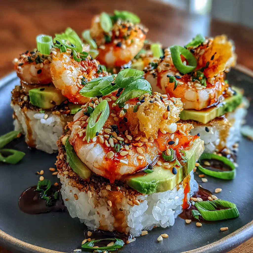 A close-up of a beautiful spicy shrimp sushi stack with layers of white rice, green avocado, and pink shrimp