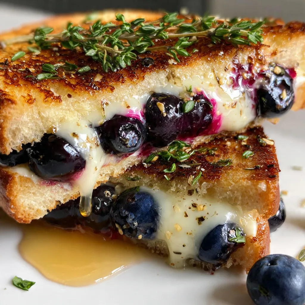 A golden brown grilled cheese sandwich oozing with melted Brie and purple blueberry compote