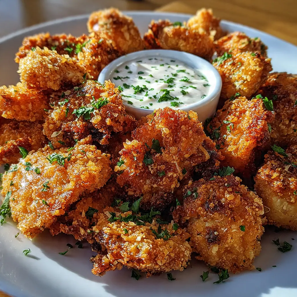 A heaping platter of golden brown crispy fried mushrooms with a bowl of creamy ranch dip