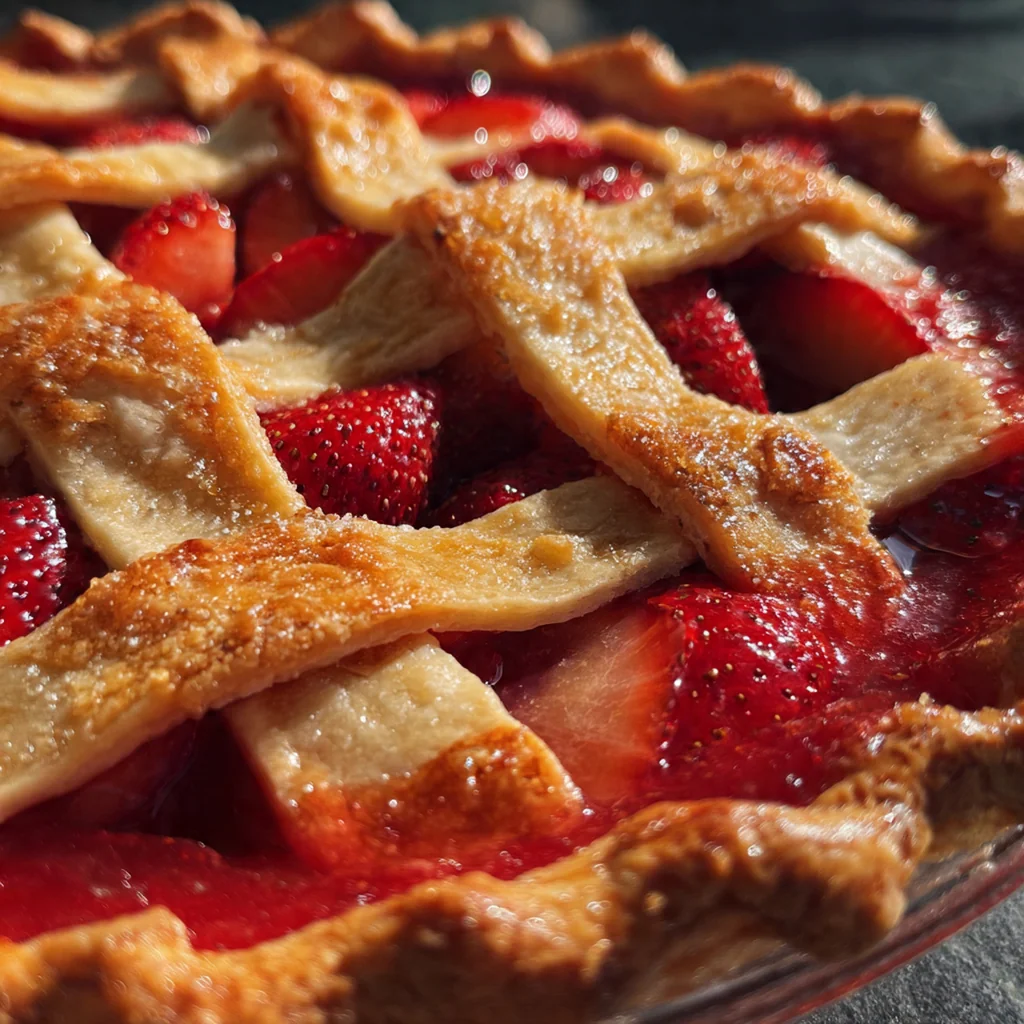 A golden-baked strawberry rhubarb pie with a sugar-dusted crust and bubbling red filling visible through the vents