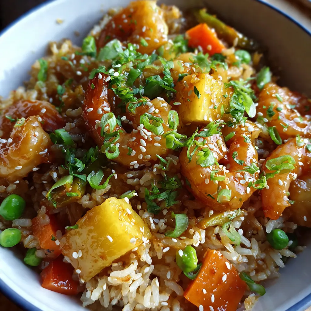 A vibrant skillet of teriyaki shrimp pineapple rice sizzling with glistening shrimp and colorful vegetables