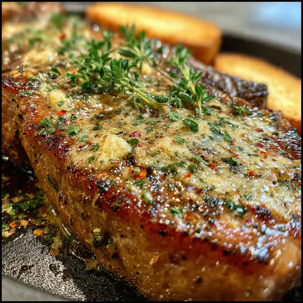 Juicy seared ribeye steaks smothered in a creamy garlic parmesan sauce in a cast iron skillet