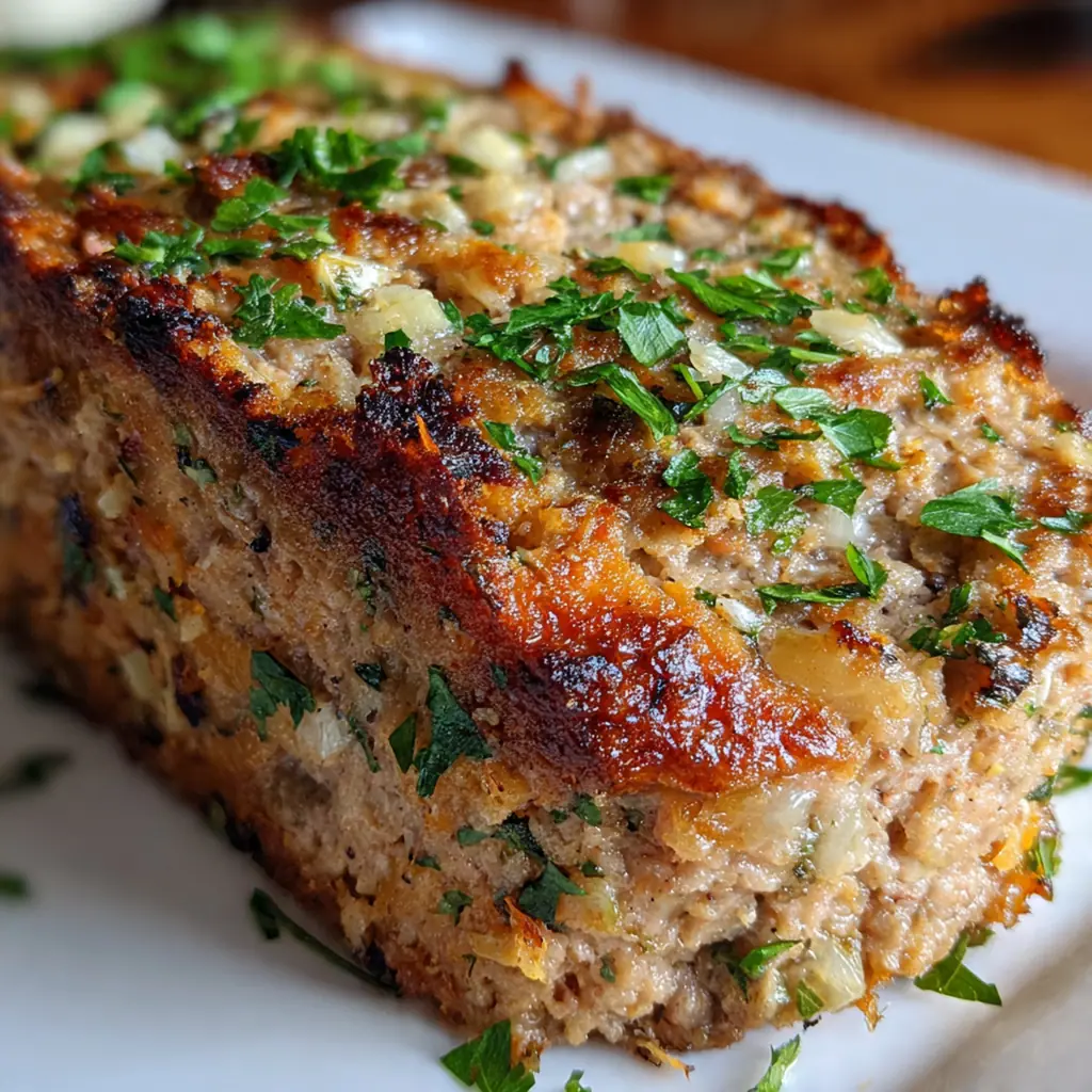 Golden brown garlic parmesan chicken meatloaf with bubbly mozzarella cheese and marinara sauce