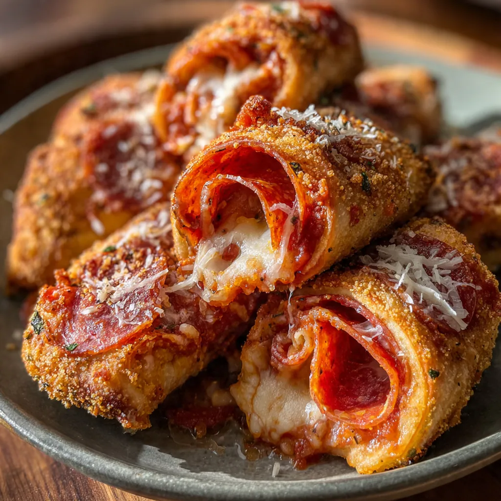 Golden brown Cheesy Pepperoni Pizza Rollups fresh from the oven with gooey cheese peeking out