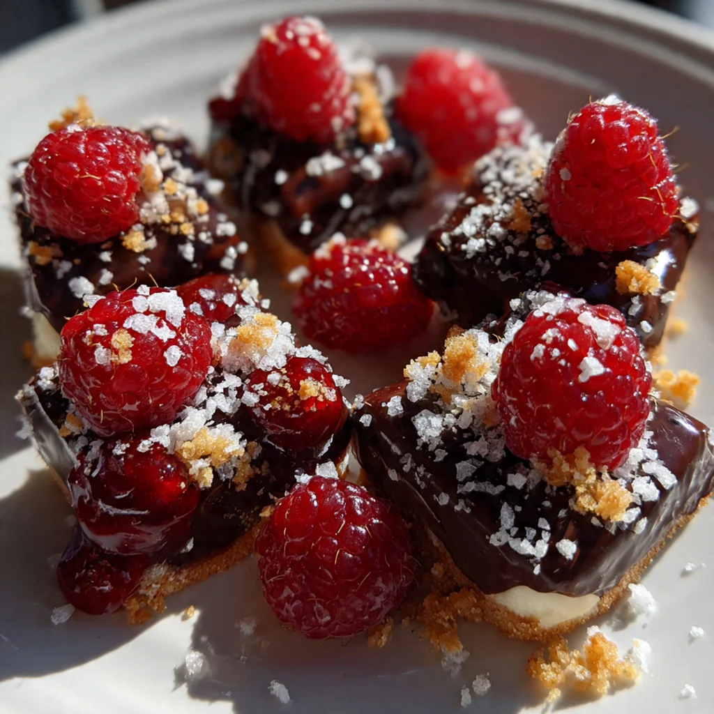 A close-up of no-bake chocolate bites with a raspberry jam center on a white plate