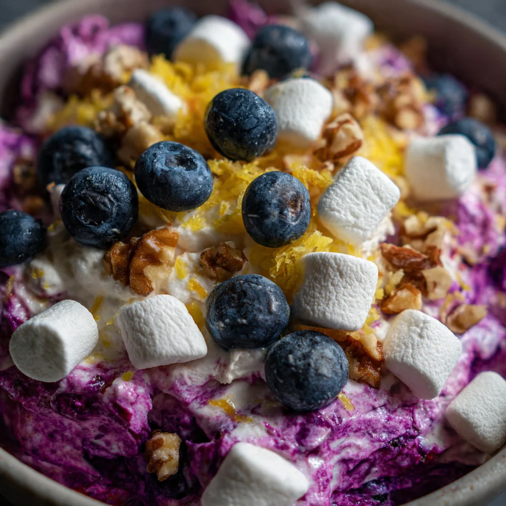 Creamy blueberry fluff salad in a white bowl garnished with fresh blueberries and mint