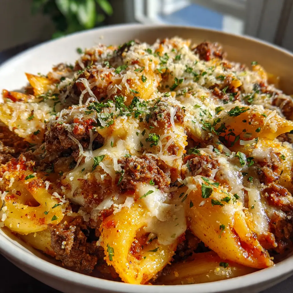 A bubbly golden cheesy beef pasta bake fresh from the oven in a ceramic dish