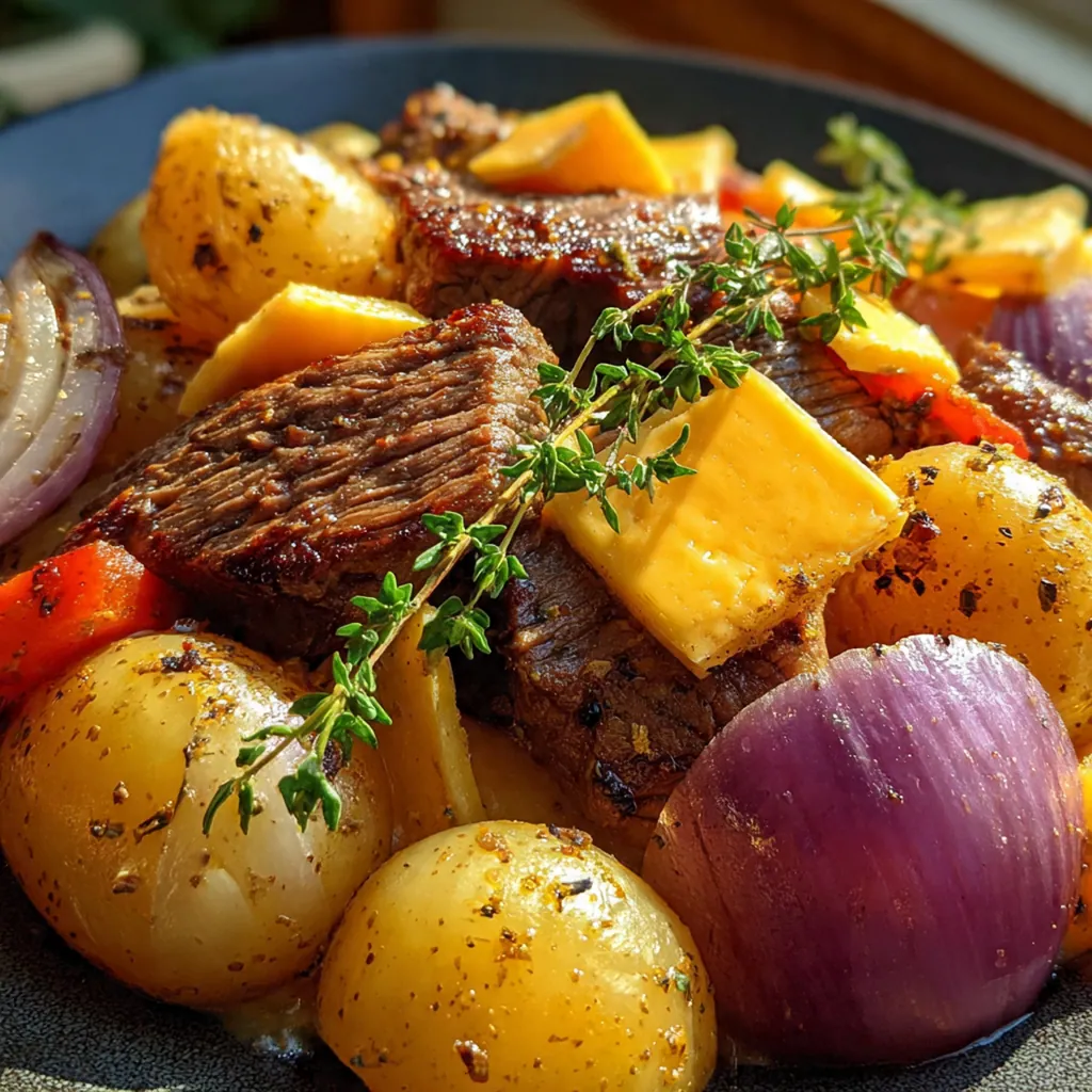A close-up of slow cooker steak cheddar potatoes showing tender beef cubes and potatoes covered in melted sharp cheddar