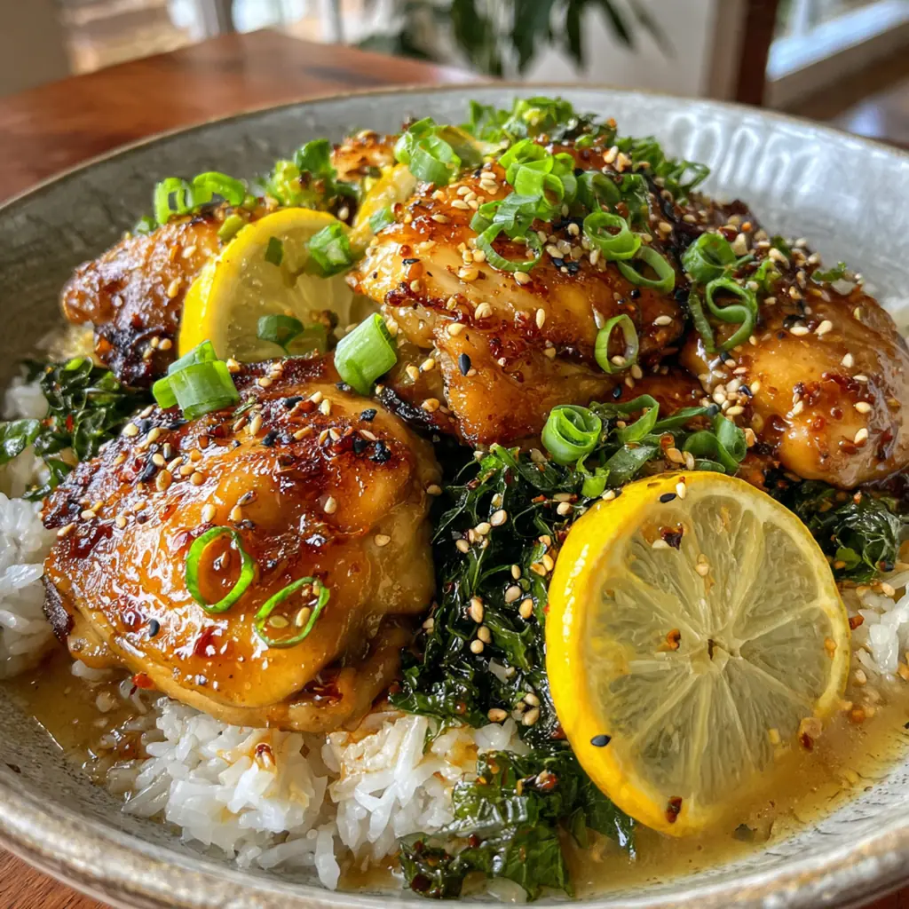 Glossy honey lemon chicken glistening in a skillet with fresh herbs and lemon zest
