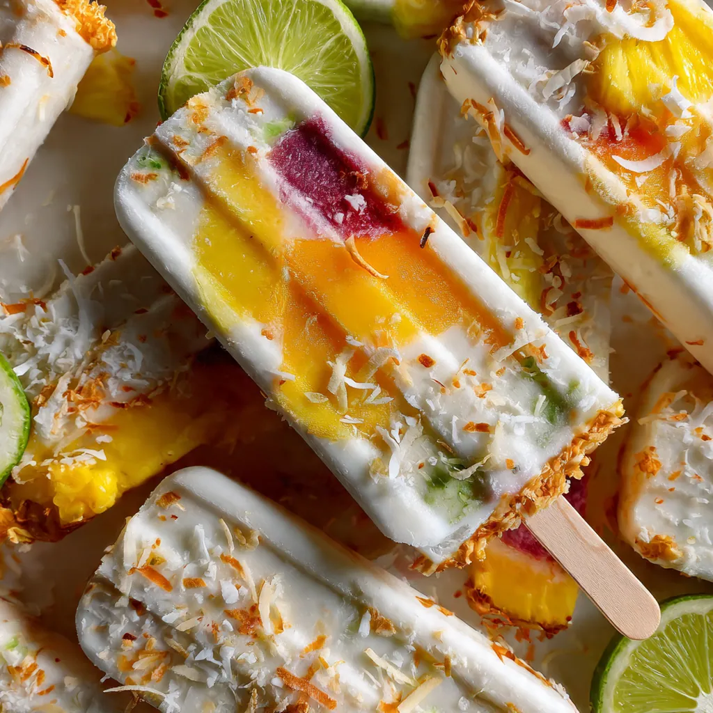 Creamy white coconut cream popsicles on a blue plate with toasted coconut flakes