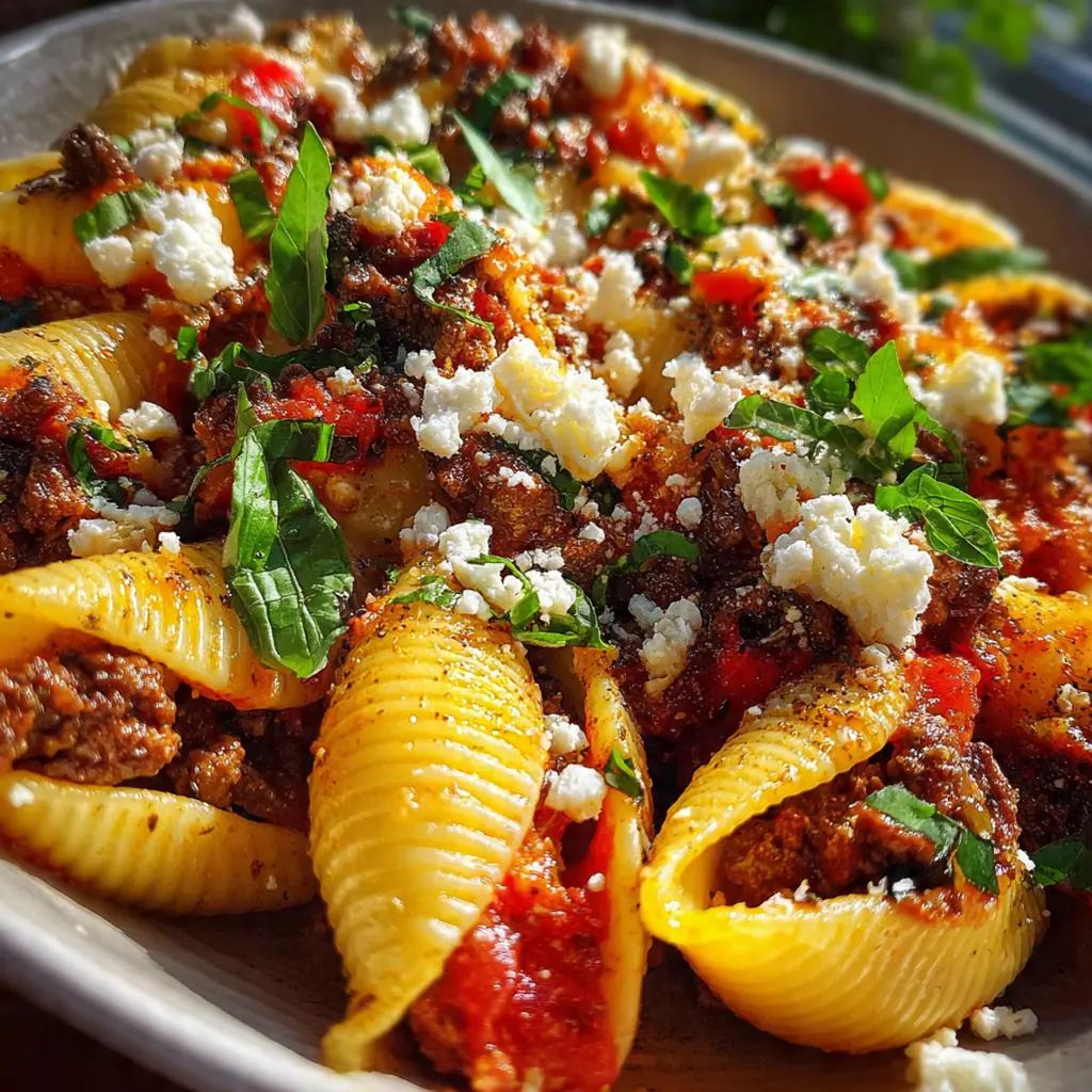 A bubbling baking dish of golden cheesy beef pasta shells fresh from the oven