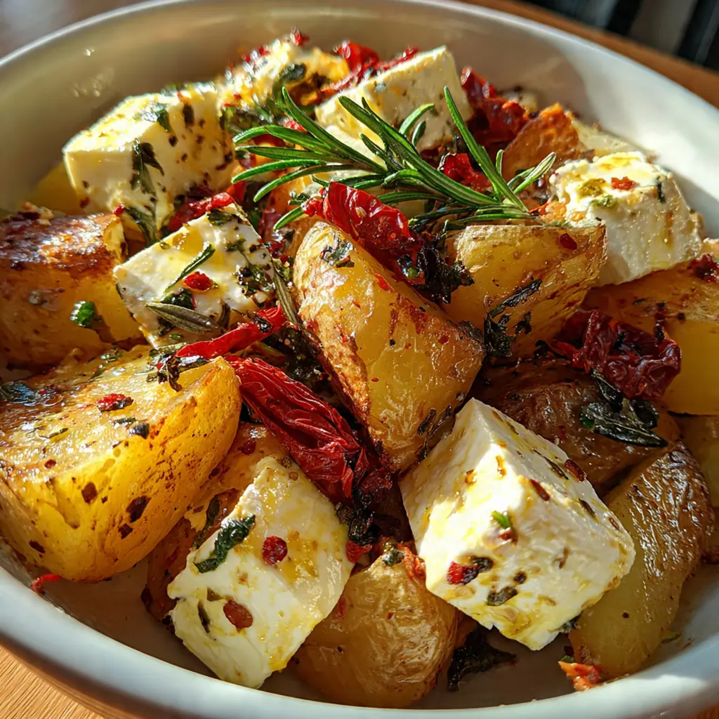 A rustic sheet pan of golden roasted potatoes, cherry tomatoes, and onions with a block of baked feta in the center