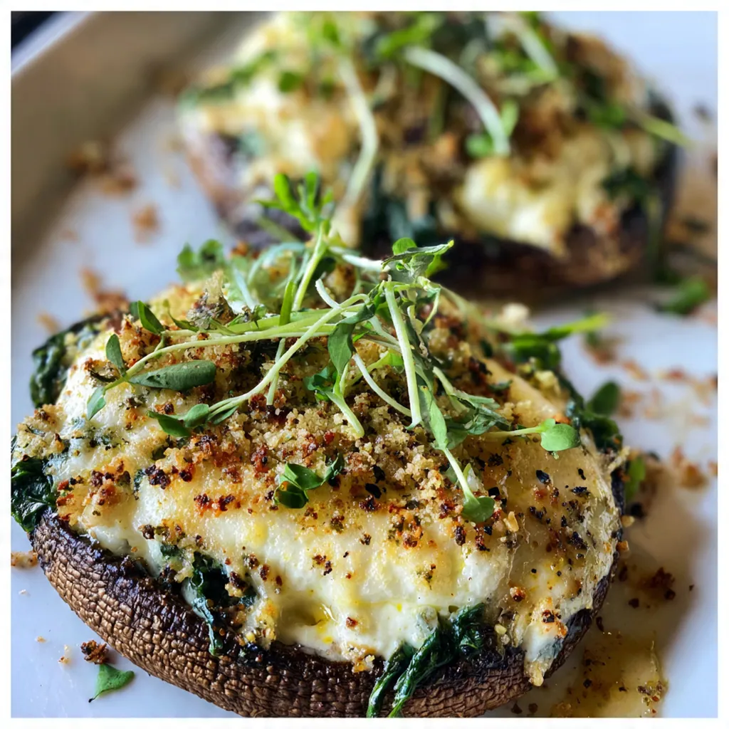 Four golden brown Spinach Cheese Portobello Mushrooms fresh from the oven with melted cheese bubbling over the edges