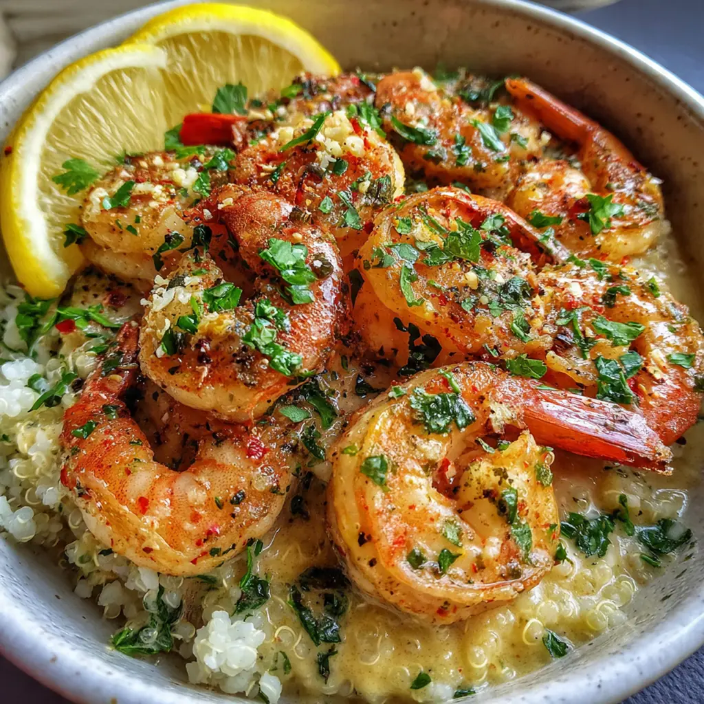 Creamy garlic butter shrimp served in a white bowl over a bed of fluffy white rice