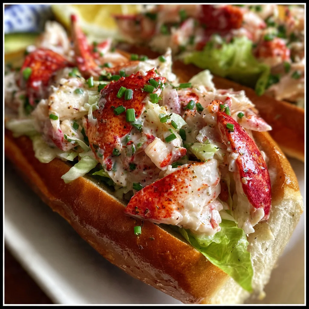 Golden, buttery split-top buns stuffed high with chunky lobster salad on a rustic wooden table.