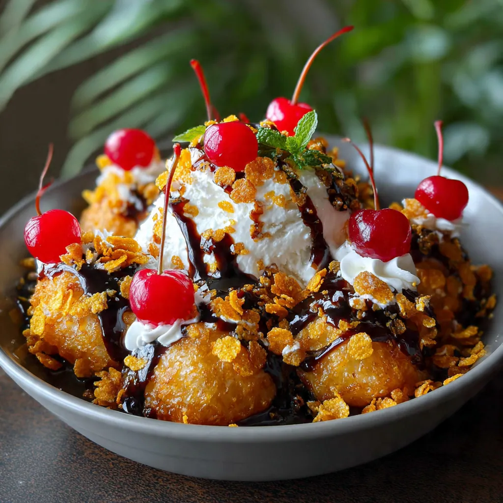 Golden brown fried ice cream ball drizzled with honey and topped with whipped cream on a dark plate
