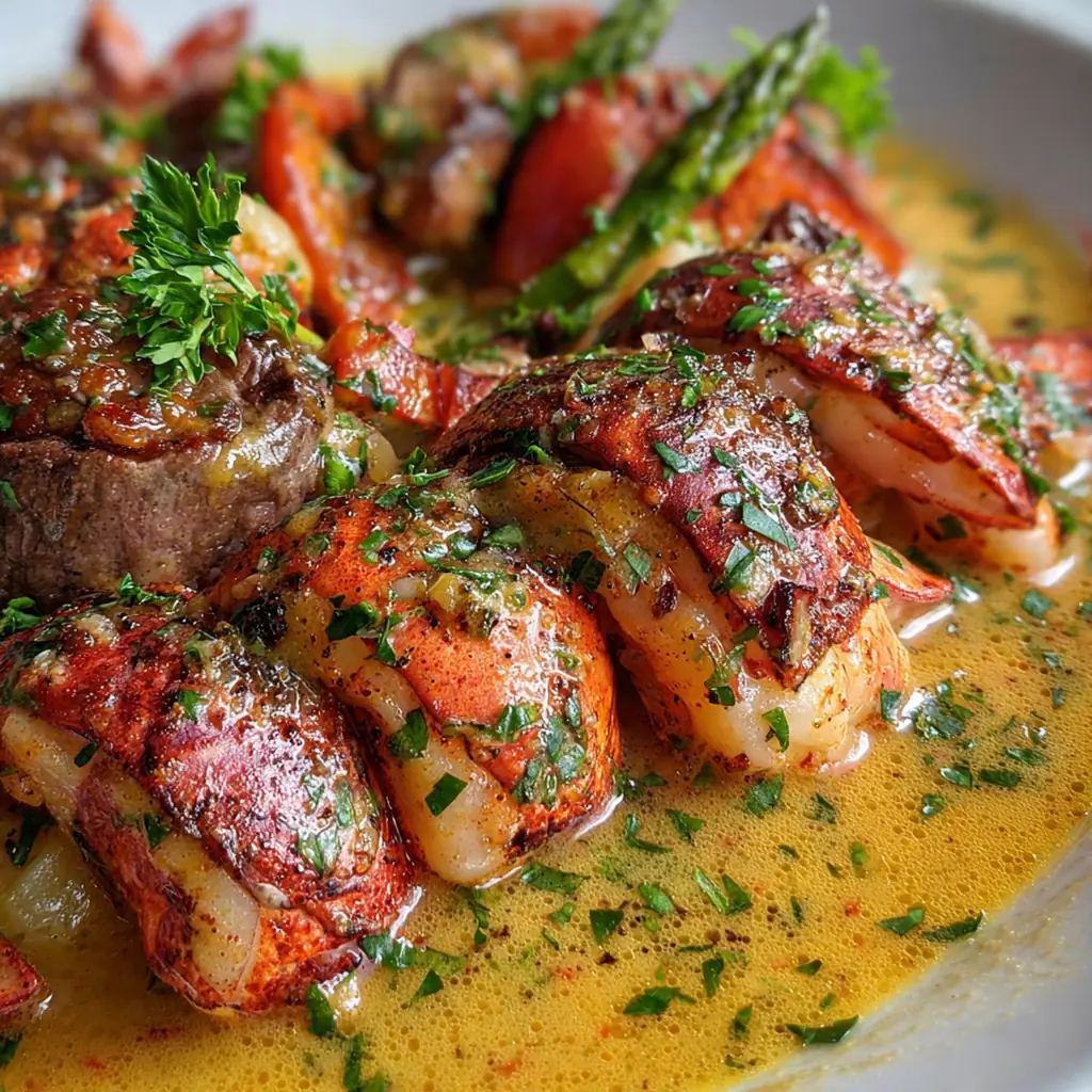 A sizzling cast iron skillet of Surf Turf Lobster Sauce Delight with seared filet mignon and lobster tails nestled in a creamy sauce