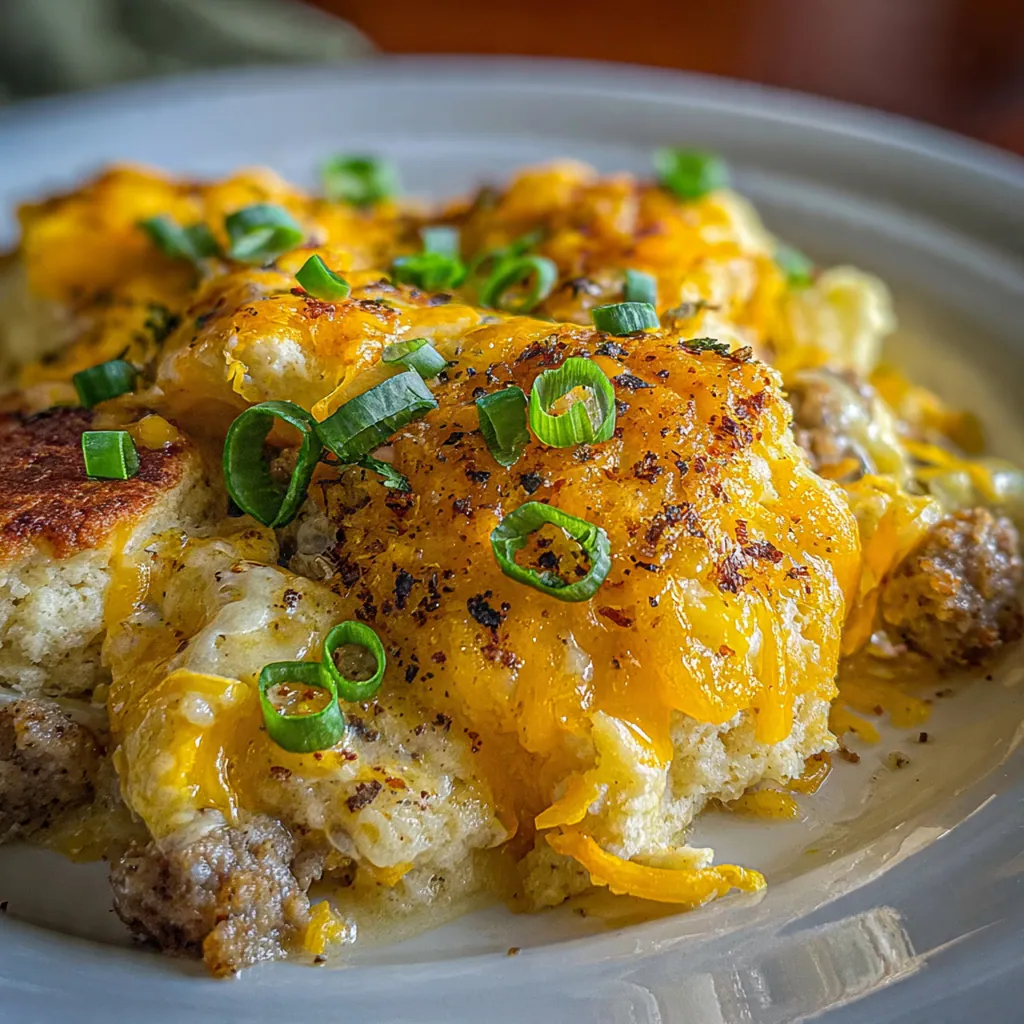 A cast iron skillet filled with a golden biscuits gravy hashbrown bake fresh from the oven