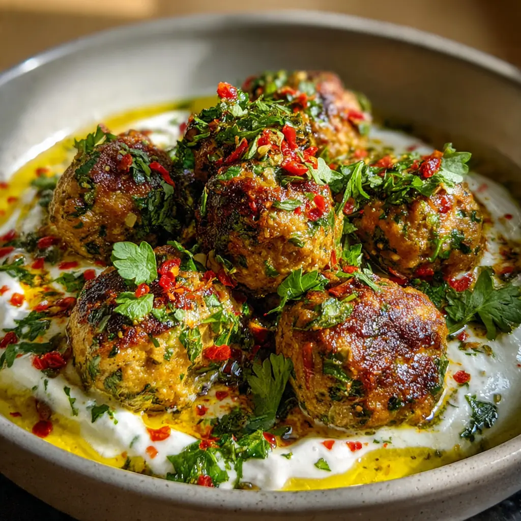 Golden brown chicken kofta kebabs resting on a platter with creamy garlic yogurt sauce and fresh herbs