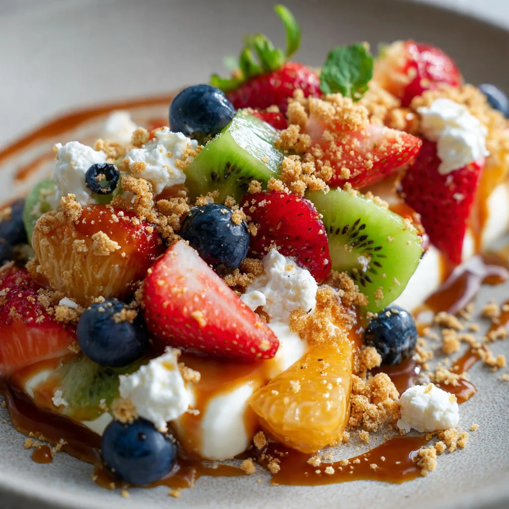 Creamy cheesecake fruit salad with strawberries and blueberries swirled with golden caramel sauce