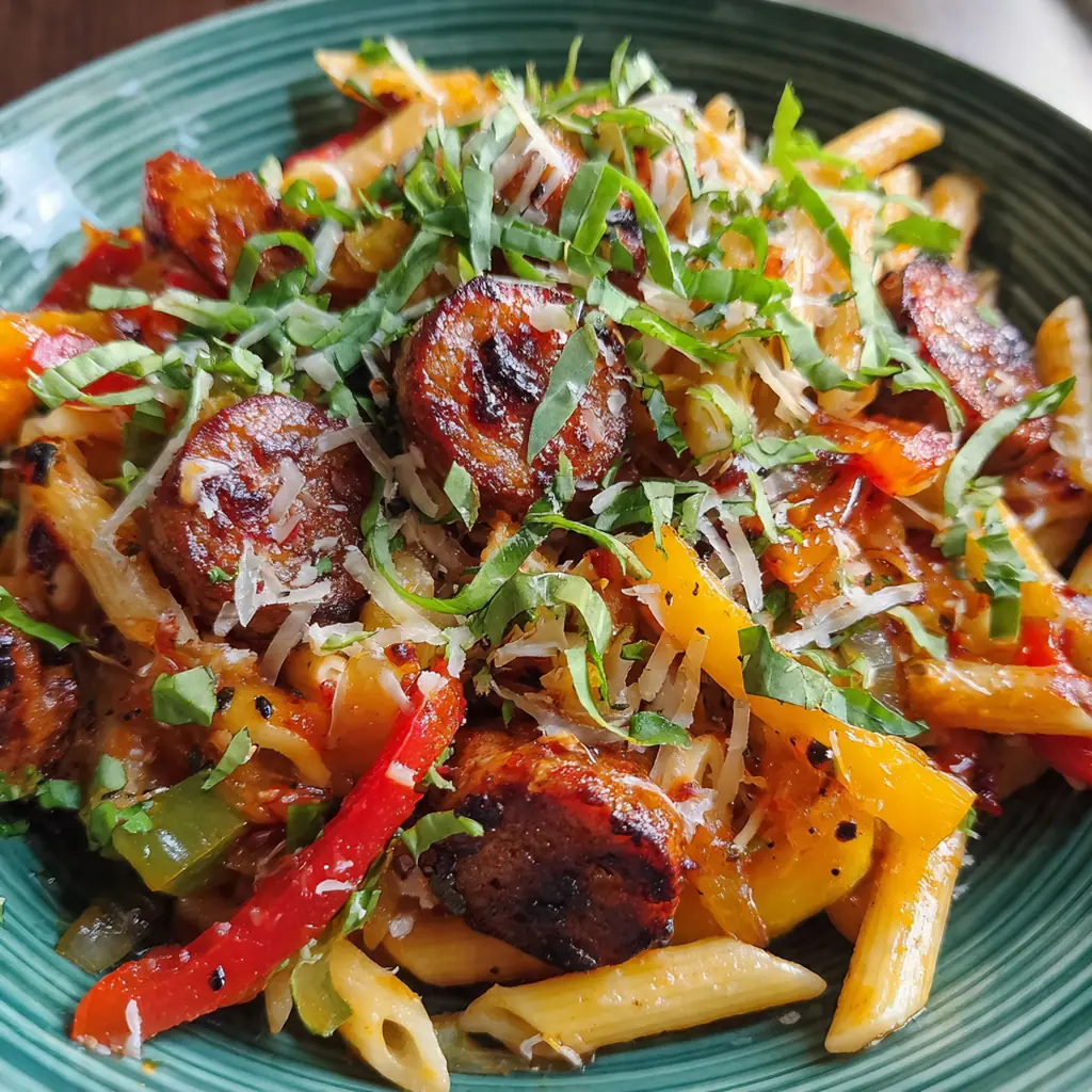 A skillet of sweet chili BBQ sausage pasta topped with bubbly melted mozzarella and cheddar cheese