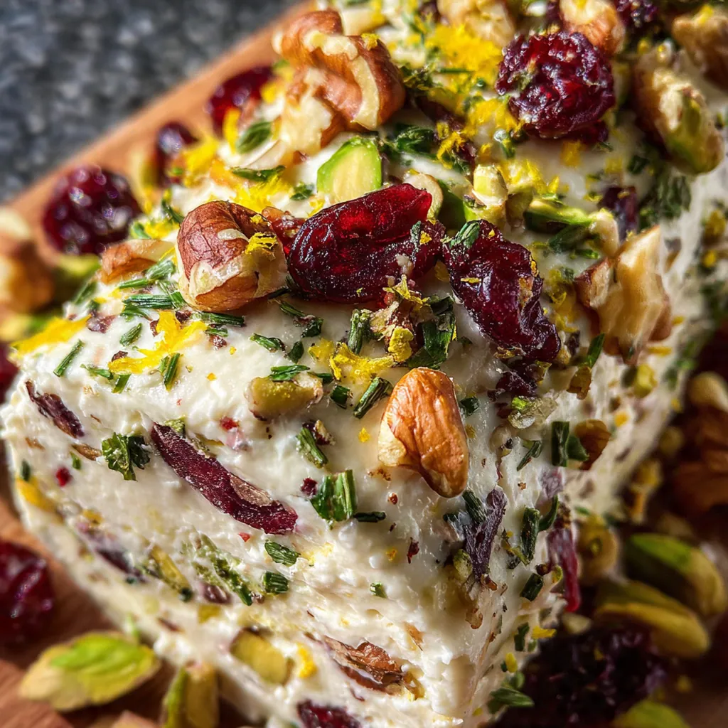 Festive cranberry pistachio cheese log coated in green nuts with whole cranberries on top