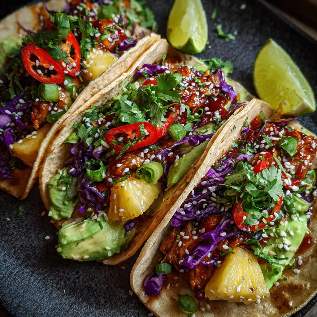 A close-up of a soft flour tortilla piled high with glazed teriyaki chicken and caramelized pineapple chunks