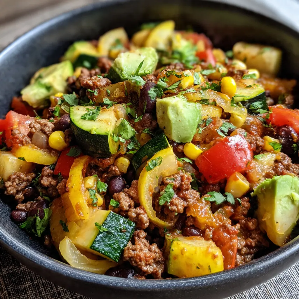 A colorful ground beef veggie bowl with seasoned beef, black beans, corn and peppers over rice, topped with avocado and cilantro