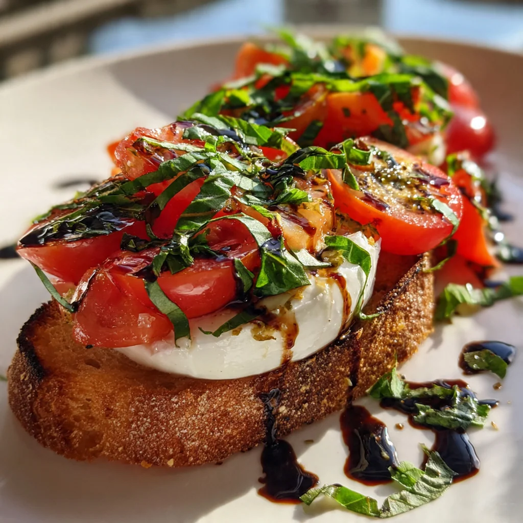 A rustic wooden board topped with creamy burrata bruschetta topped with juicy tomatoes and fresh basil