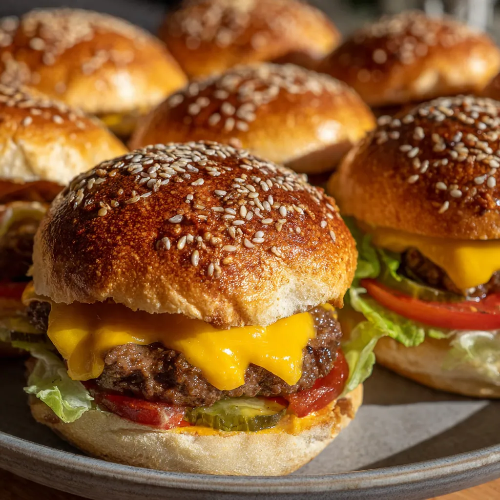 A baking sheet full of golden Big Mac Cheeseburger Bombs sprinkled with sesame seeds