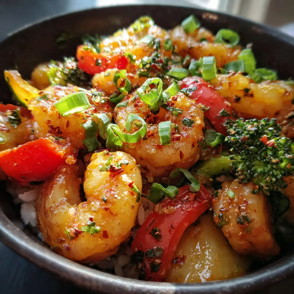 Close-up of plump shrimp and crisp vegetables coated in a glossy honey garlic sauce in a black wok